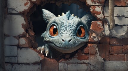 Sticker -  a close up of a toy dragon looking out of a hole in a brick wall with a brick wall behind it and a brick wall with a brick wall behind it.