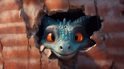 Sticker -  a close up of a dragon's head poking out of a hole in a brick wall with a brick wall behind it and a brick wall in the background.