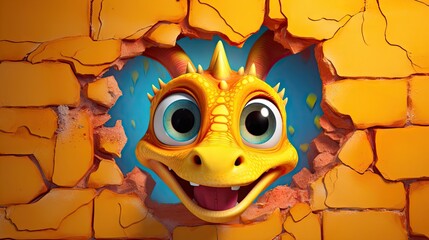 Wall Mural -  a yellow dragon head peeking out of a crack in a brick wall with a hole in the middle that has a hole in it and a hole in the side of the wall.