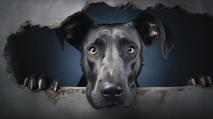 Canvas Print -  a close up of a dog looking out of a hole in a wall with it's head hanging over the edge of the wall and looking at the camera.