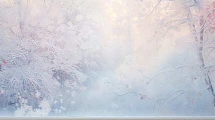 Poster -  a painting of a snowy forest with trees in the foreground and a blue sky in the background with white clouds in the foreground.