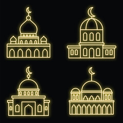 Wall Mural - Mosque building icons set. Outline set of mosque building vector icons neon color on black