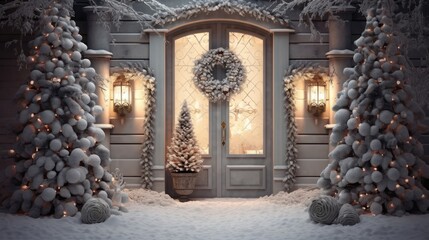 Wall Mural -  a house decorated for christmas with a wreath and wreath on the front door and a wreath on the side of the door.