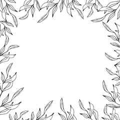  Floral eucalyptus square banner frame, line art hand drawn eucalyptus leaves, vector wreath illustration for card or wedding invitation. Isolated on white background