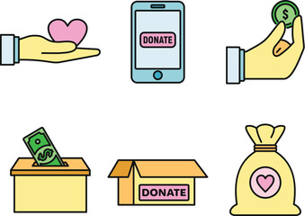 Canvas Print - Charity donations icons set. Outline set of charity donations vector icons thin line color flat on white