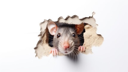 Sticker -  a rat poking its head out of a hole in a wall with its front paws on the edge of the hole, with its front paws on the edge of the wall.