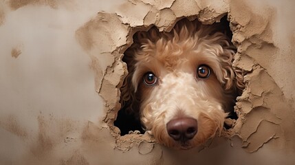 Canvas Print -  a close up of a dog's face poking out of a crack in a wall with dirt on the floor and a hole in the side of the wall.