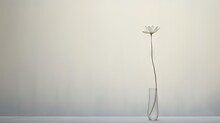 A Tall Glass Vase With A Single White Flower In It's Center And A White Wall In The Background.