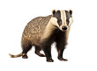 European badger stands side ways and looking to camera. Meles meles Isolated on a white background. Black and white striped forest wild animal close up