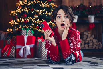 Poster - Portrait of impressed cute person lying floor carpet hand touch cheek use smart phone giftbox tree garland indoors