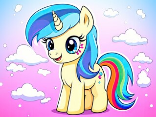 Wall Mural -  a drawing of a pony with a blue mane and a rainbow tail on a pink background with white clouds and a blue sky with white puffy cloud in the foreground.