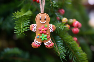 Wall Mural - Christmas tree ornament in the shape of a gingerbread man with colorful decoration. Generative AI