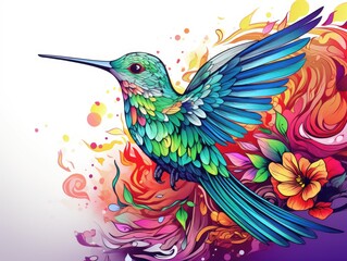 Poster -  a colorful hummingbird with flowers and swirls on it's wings, painted in bright colors, on a white background, with a splash of watercolor.