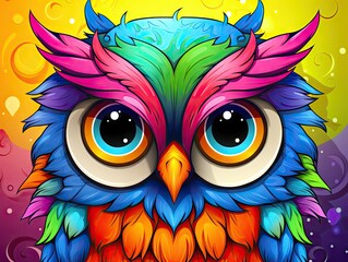 a colorful owl with big eyes sitting on a yellow and purple background, with bubbles and bubbles aro