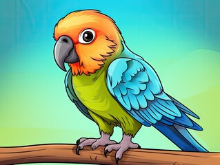 Sticker -  a colorful parrot sitting on a branch with a blue sky in the background and a green sky in the middle of the frame, with a blue sky in the middle of the background.