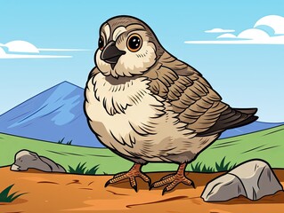 Poster -  a bird standing on a dirt ground in front of a mountain with a sky and clouds in the background and a rock in the foreground with grass and rocks in the foreground.