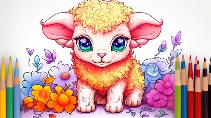 Canvas Print -  a drawing of a sheep sitting in a field of flowers with colored pencils in the foreground and a background of colored pencils in the upper left corner.