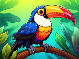 Poster -  a colorful toucan sitting on a branch in front of a green and yellow background with leaves and a bird with a large beak on it's head.