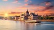 Old pleasure boats on Dunnage river with Parliament house on background. Stunning summer cityscape of Budapest. Amazing sunset in Hungary, Europe. Traveling concept background