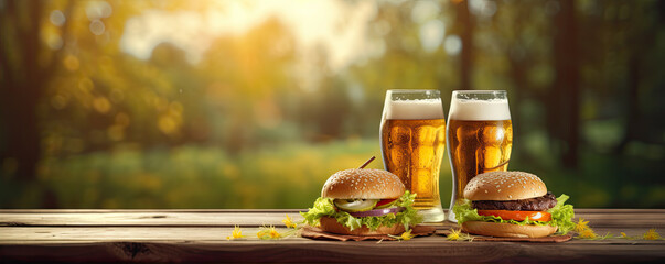 Wall Mural - Fresh tasty beef Burger and beer  on wooden table. in nature banckground.