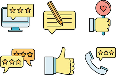 Poster - Review icons set. Outline set of review vector icons thin line color flat on white