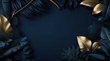 Dark Background Frame With Tropical Leaves And Flowers Adorned With Golden Highlights 