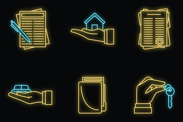 Wall Mural - Lease agreement icons set. Outline set of lease agreement vector icons neon color on black