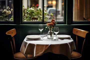 table in the restaurant is served for two. there are two glasses of wine, plates