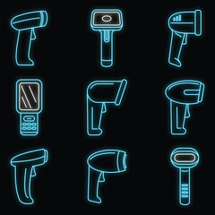 Poster - Operator barcode scanner icons set. Outline set of operator barcode scanner vector icons neon color on black