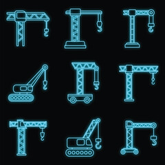 Poster - Building crane icons set. Outline set of building crane vector icons neon color on black