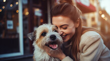 Beautiful Young Woman Hugging With Her Jack Russell Terrier Dog On Street At Autumn Warm Day