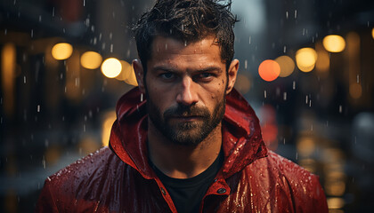 Poster - Young adult man in the rain, looking confident generated by AI