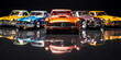 model cars, arranged in a V-shape, high-gloss reflective surface, studio lighting setup for glint on metal