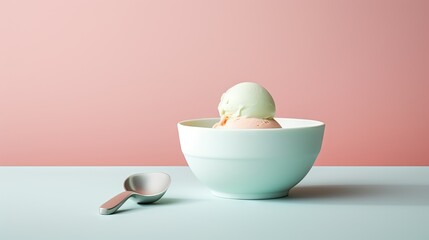 Wall Mural -  a bowl with an egg in it and a spoon in front of it with a pink wall in the background.