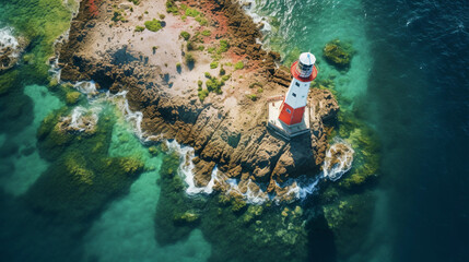 Wall Mural - lighthouse on a secluded island, surrounded by colorful coral reefs, seen from an aerial perspective