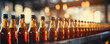 Beer botles in row. Beer bottles on Conveyor moving in brewery factory
