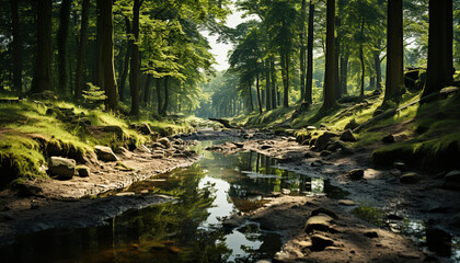  Tranquil scene of a green forest reflecting sunlight generated by AI