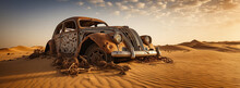 Old Classic Wreck Of Retro Vintage Car Left Rusty Ruined And Damaged Abandoned In The Sahara Desert For Aftermath Apocalyptical And Lost Forgotten Concepts As Copyspace Banner
