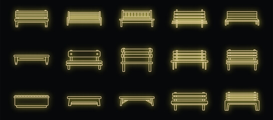 Sticker - Street bench icons set. Outline set of street bench vector icons neon color on black