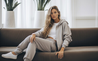 Sticker - A fashion influencer is sitting with a laid back attitude on her couch wearing a stylish athleisure