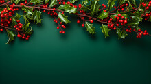Christmas Evergreen Branch And Red Holly Berry Flat Lay On Green Background. Basics For Winter Seasonal Decor, Creating An Atmosphere Of Celebration And Comfort. Copy Space.