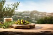 © Lubos Chlubny - Old wooden table for product display with natural green olive field and green olives