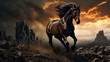 Black horse in the desert. Fantasy landscape.