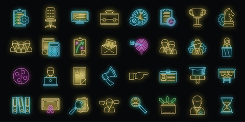 Wall Mural - Managing skills employee icons set. Outline set of managing skills employee vector icons neon color on black