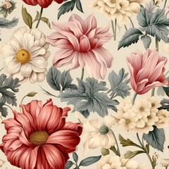 Poster - Seamless floral pattern with dahlias and chrysanthemums