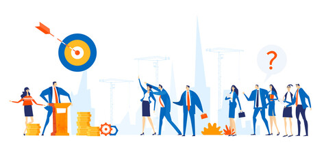 Wall Mural - Business people having a meeting, arguing, making decisions, communicating, sharing ideas. Wide illustration of business people cooperating on project