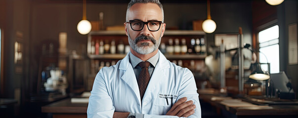 Doctor portrait with arms crossed and clinic background.