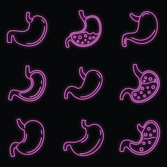 Wall Mural - Human stomach icons set. Outline set of human stomach vector icons neon color on black