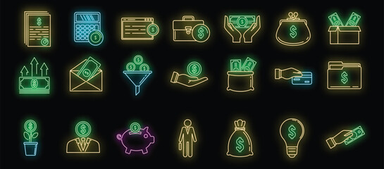 Poster - investor finance icons set. outline set of investor finance vector icons neon color on black
