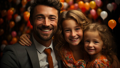 Poster - A cheerful family smiling, embracing, and looking at the camera generated by AI